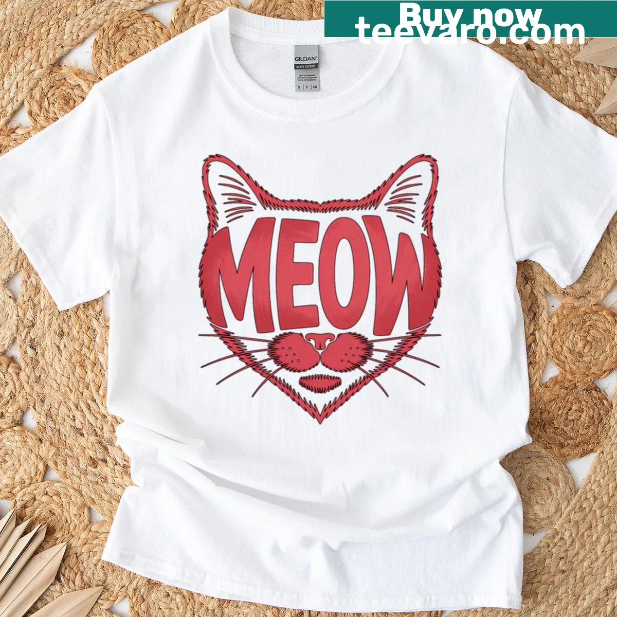 Retro Cat T-shirt with whimsical Meow graphic and playful text — on a men's t-shirt