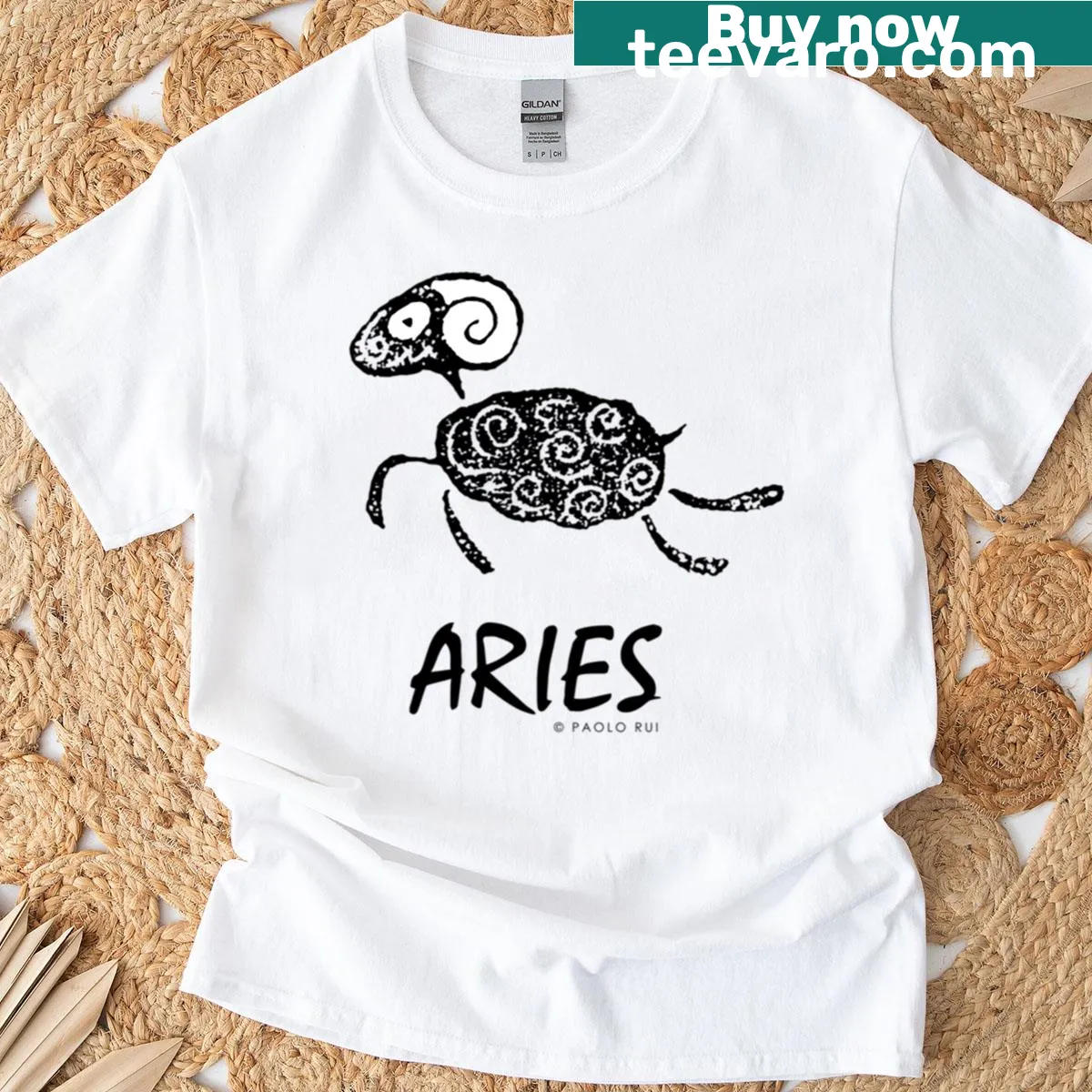 Illustrated Aries zodiac design t-shirt with festive elements — on a men's t-shirt