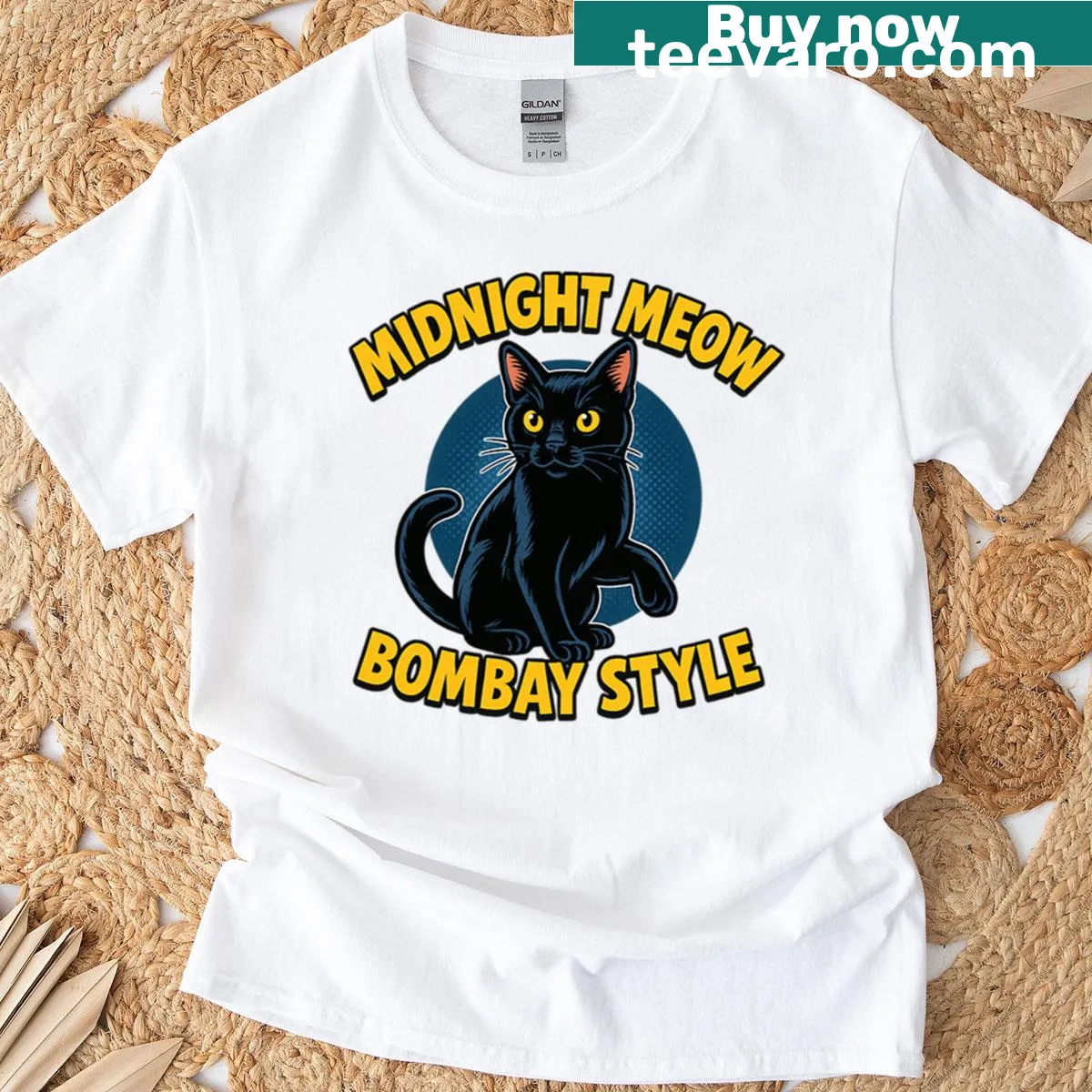 Comic-style design of a Bombay cat meowing at midnight — on a men's t-shirt