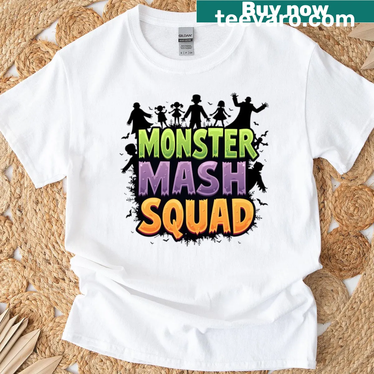 Monster Mash Squad t-shirt with playful Halloween monsters — on a men's t-shirt