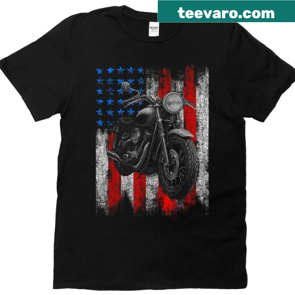 Biker t-shirt featuring motorcycle graphic and American flag.
