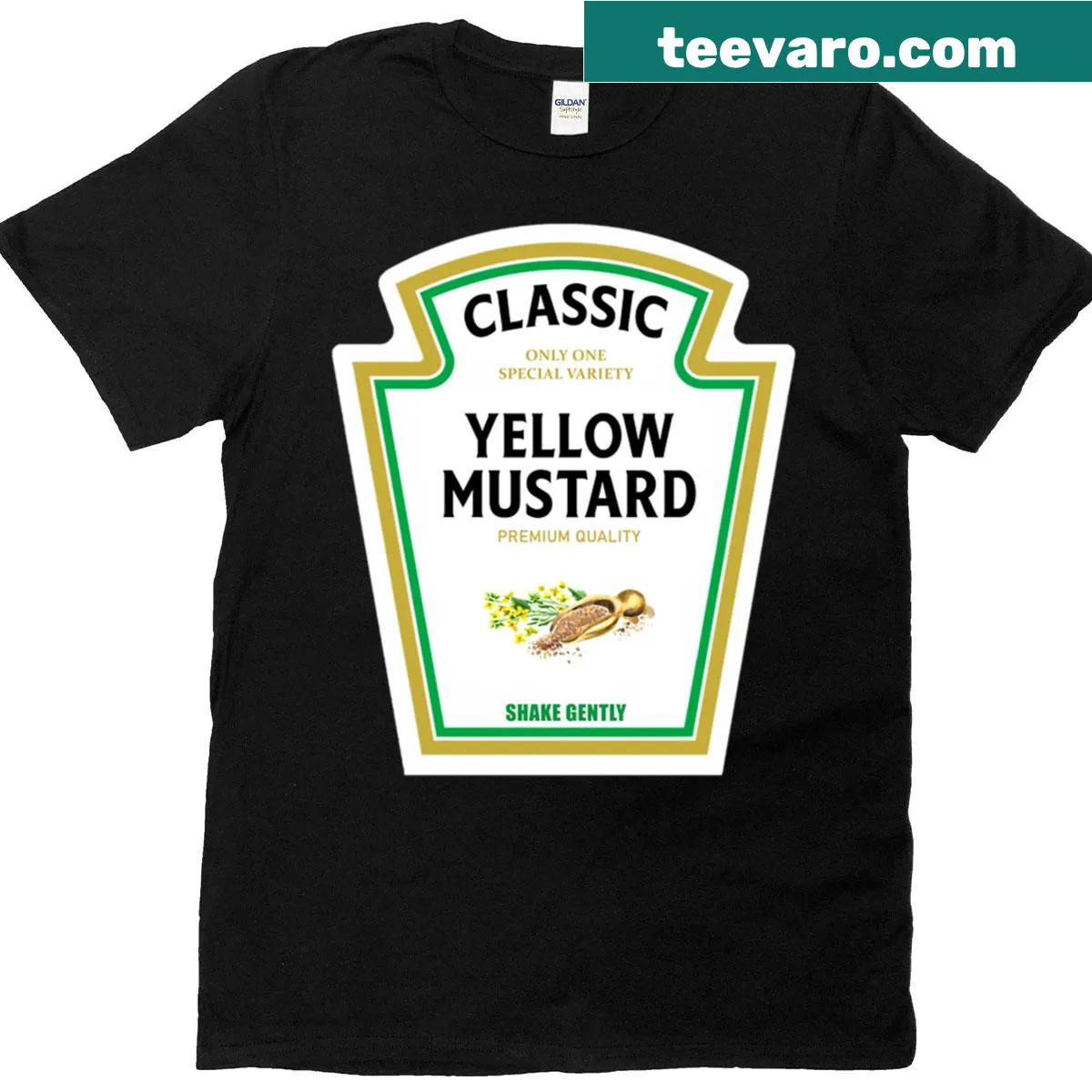 Halloween-themed couple T-shirt with mustard and condiment graphics — on a men's t-shirt