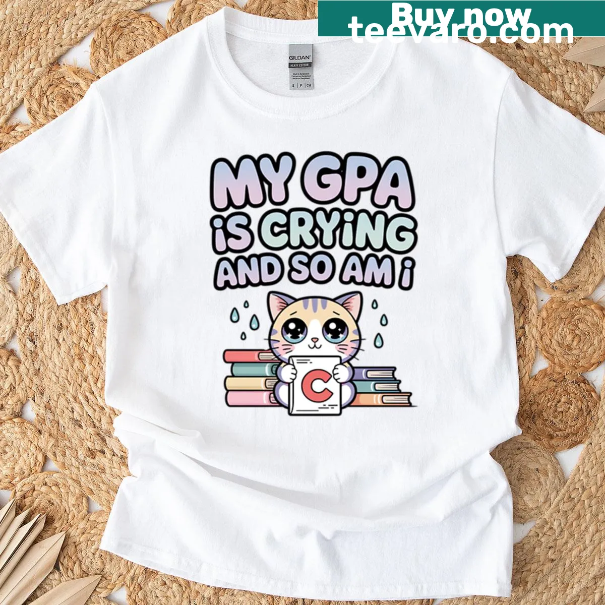Kawaii cat graphic with expressive eyes and funny text for students — on a men's t-shirt