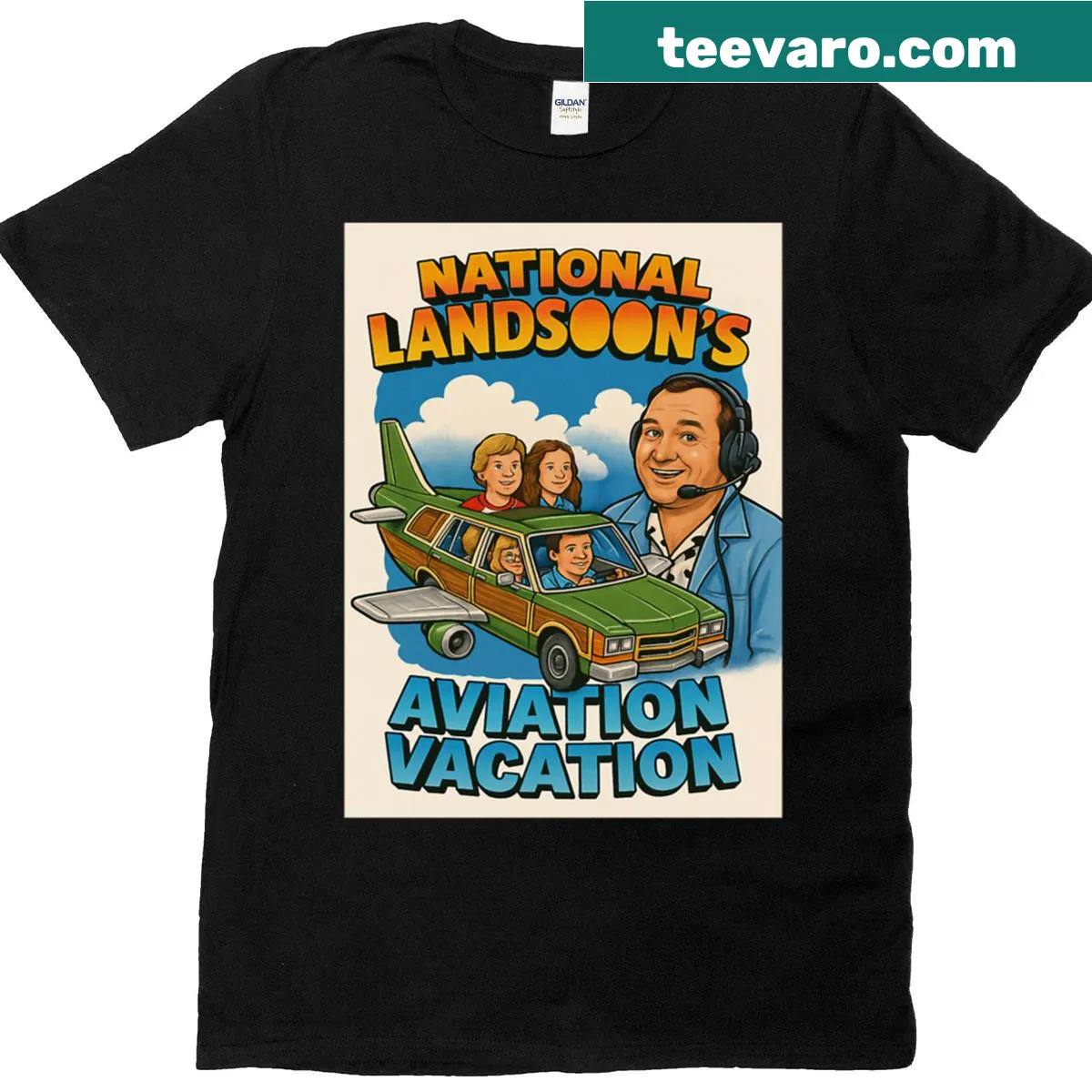 Oversized T-shirt with retro aviation travel parody design — on a men's t-shirt