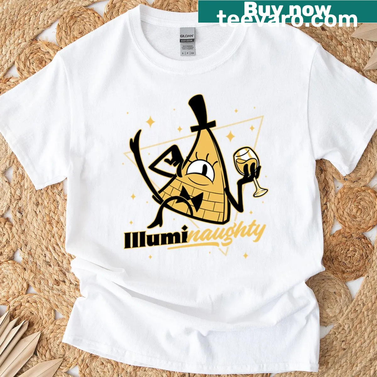 Naughty Illuminati Triangle graphic t-shirt with humorous elements — on a men's t-shirt