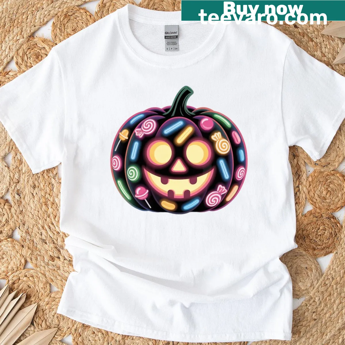 Oversized T-shirt with a cute cartoon pumpkin design for Halloween — on a men's t-shirt