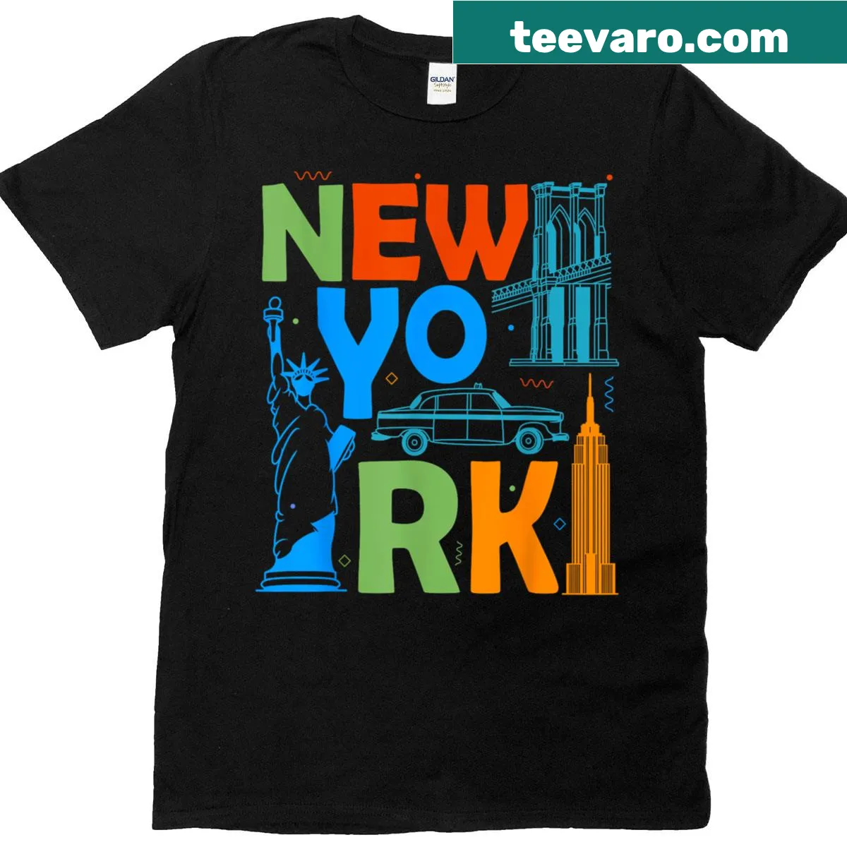Vintage-style New York souvenir t-shirt with Manhattan landmarks — on a men's t-shirt