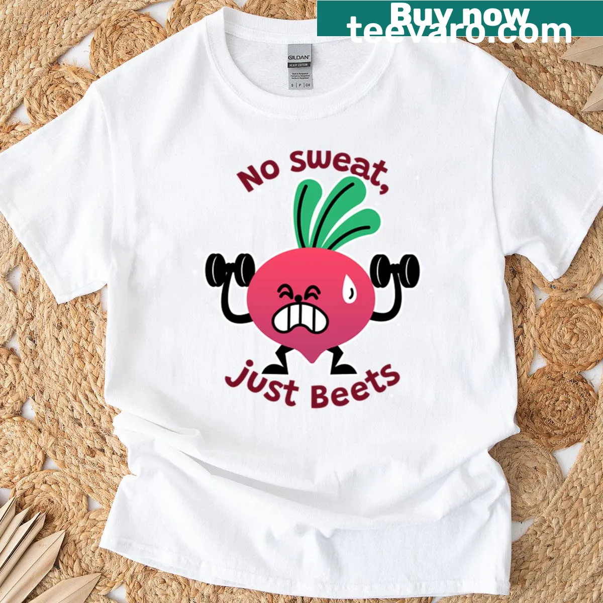 Text-based t-shirt with 'No Sweat Just Beets' phrase — on a men's t-shirt