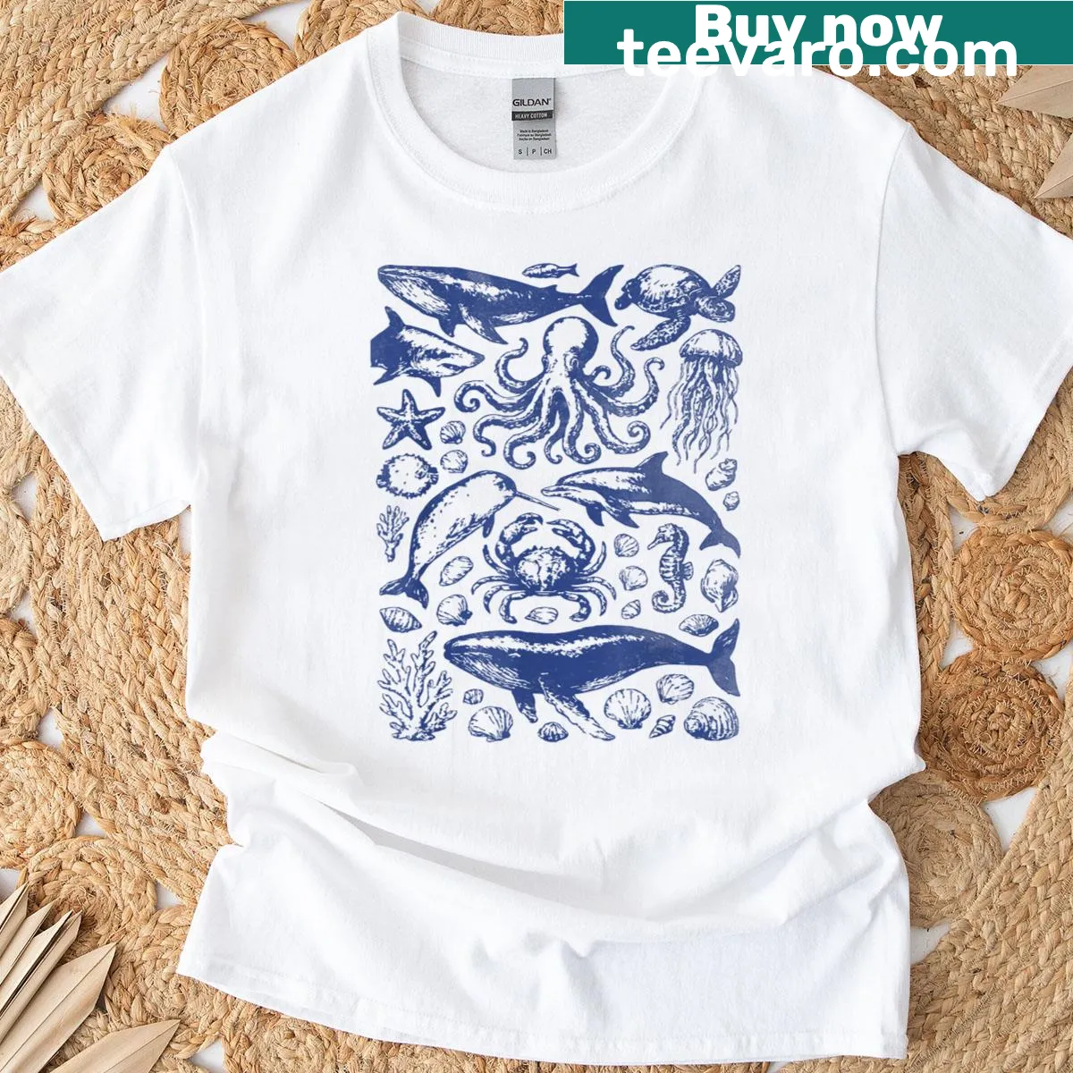 Retro graphic T-shirt featuring ocean life and sea animals — on a men's t-shirt