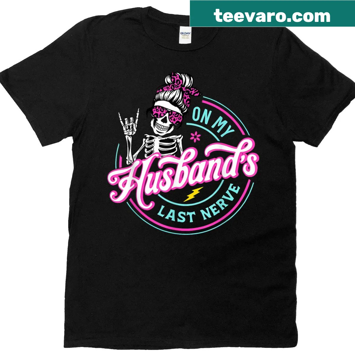 Funny t-shirt featuring the phrase 'On My Husband's Last Nerve' — on a men's t-shirt