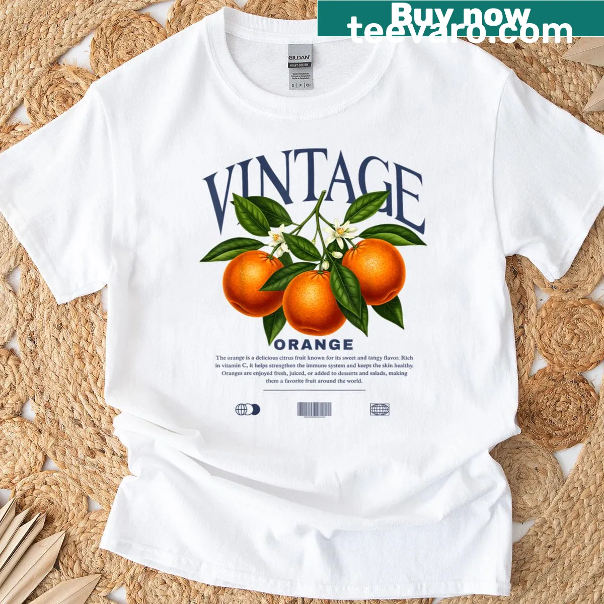 Vintage t-shirt featuring a classic orange fruit graphic — on a men's t-shirt