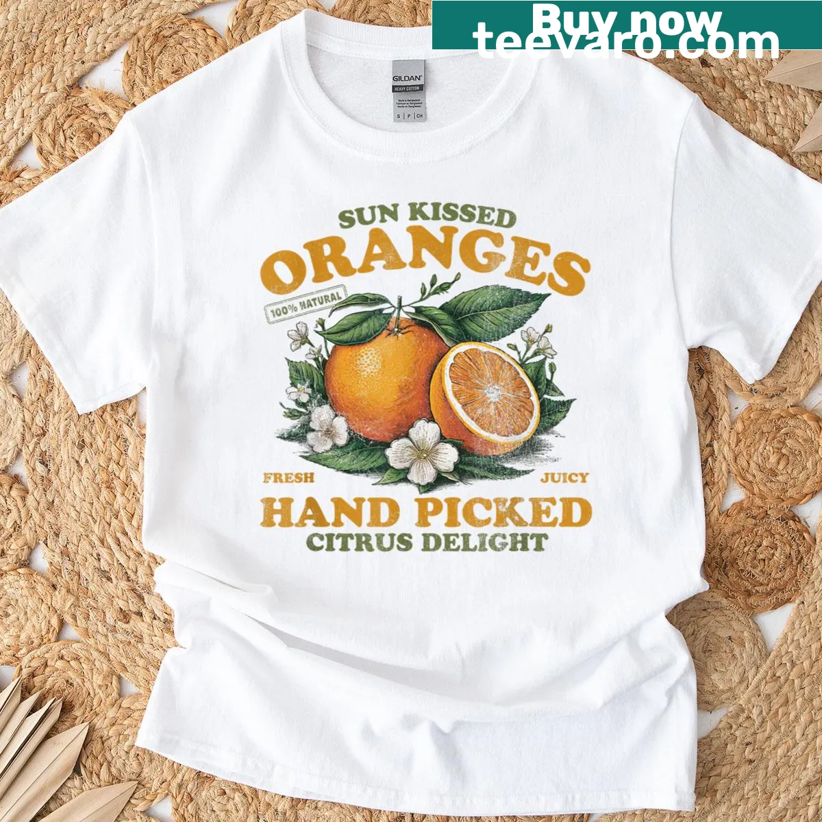 Vintage graphic t-shirt featuring hand-picked oranges in retro style. — on a men's t-shirt