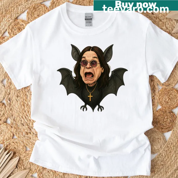 Illustration of a playful bat named Ozzy on a T-shirt