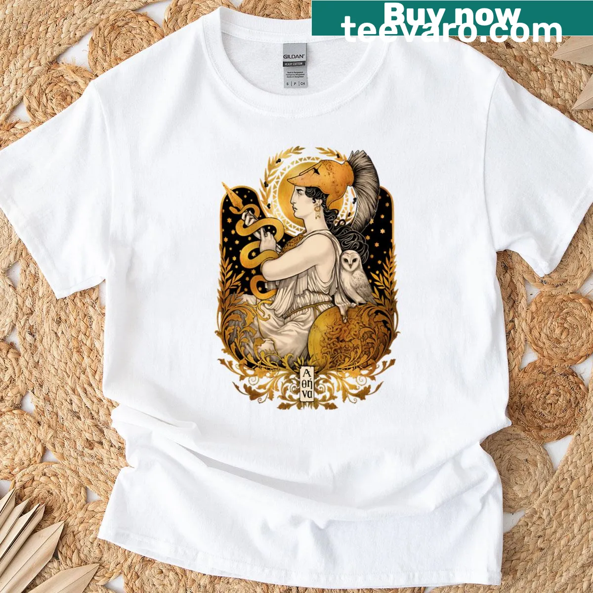 Relaxed fit T-shirt featuring an illustration of Pallas Athena — on a men's t-shirt
