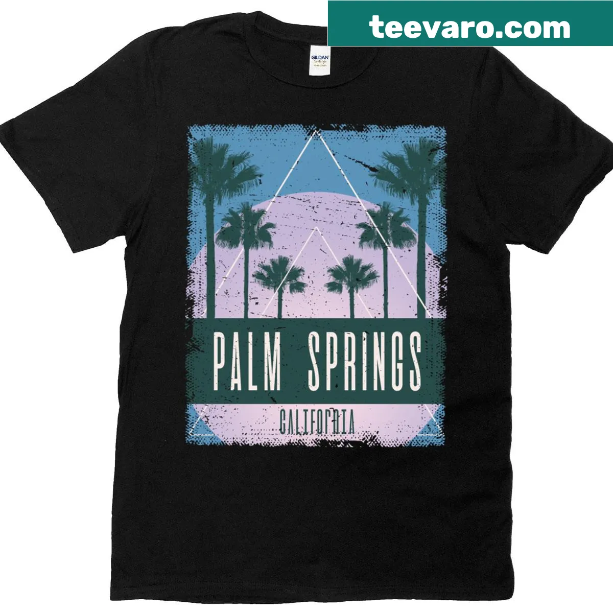 Vintage Palm Springs T-shirt with vaporwave 80s graphic. — on a men's t-shirt