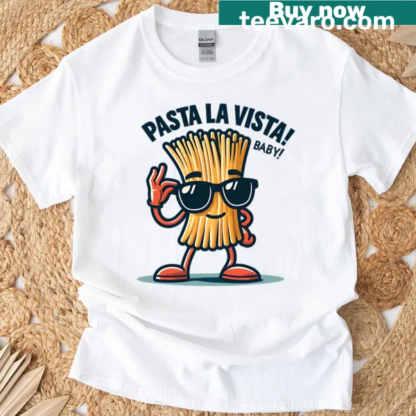Playful pasta-themed illustration on a T-shirt