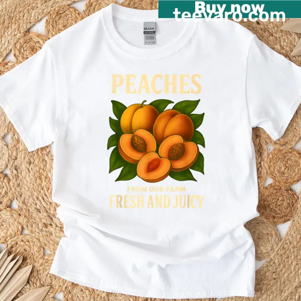 Vintage style peach advertisement graphic on a T-shirt