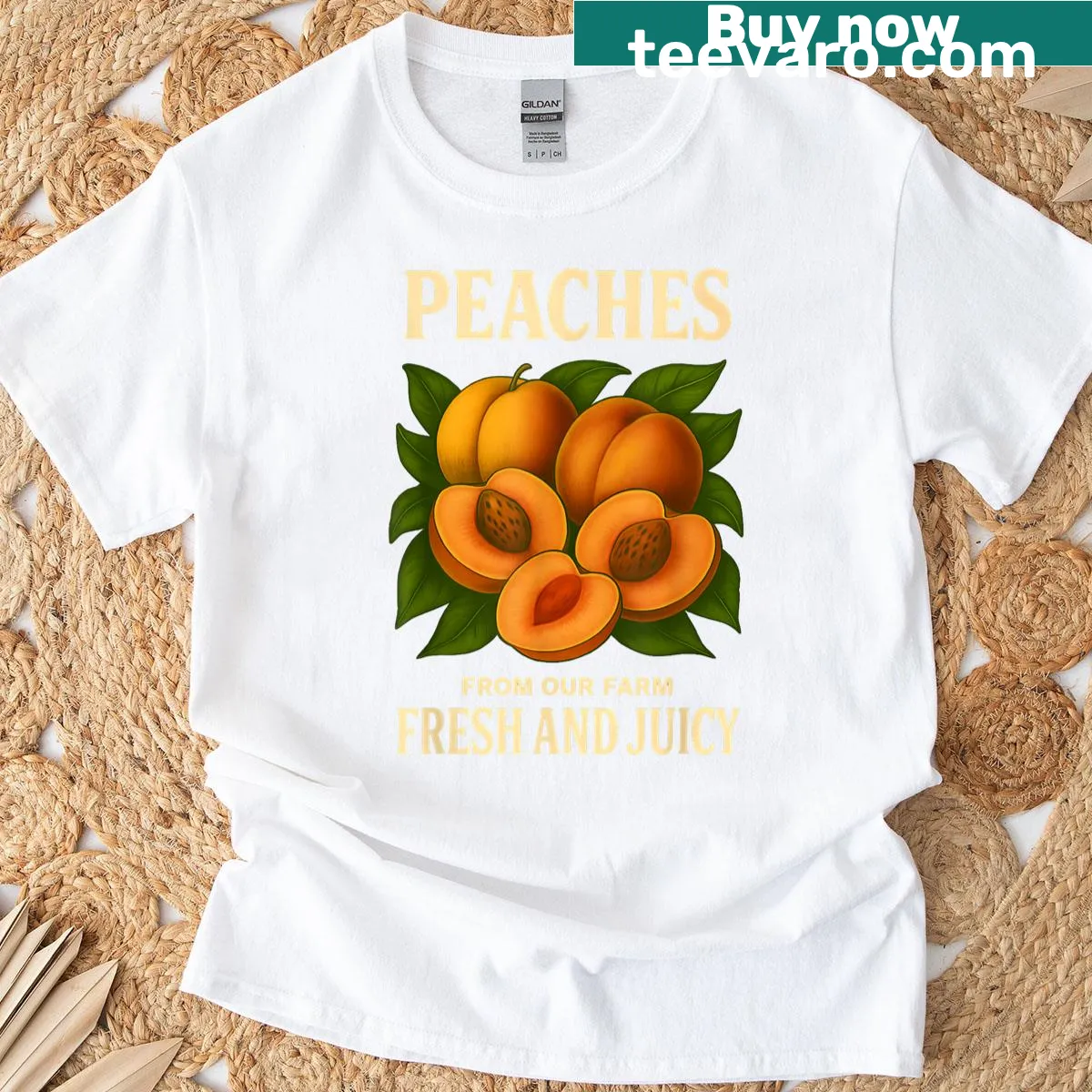 Vintage style peach advertisement graphic on a T-shirt — on a men's t-shirt