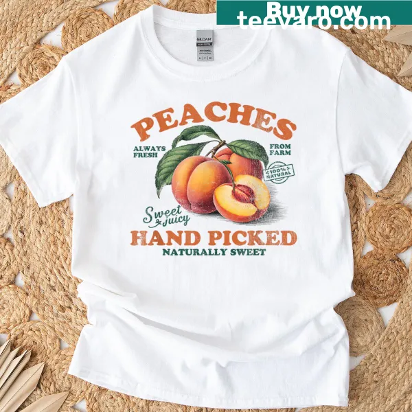 Retro graphic t-shirt featuring hand-picked peaches design