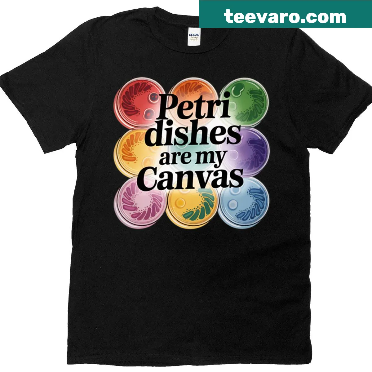 Funny microbiology t-shirt with petri dish graphic and humorous text — on a men's t-shirt