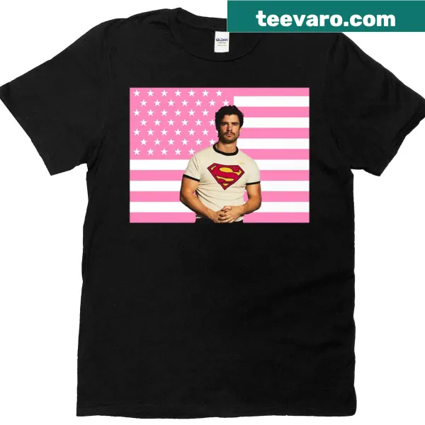 Oversized T-shirt with pink American flag design by David Corenswet