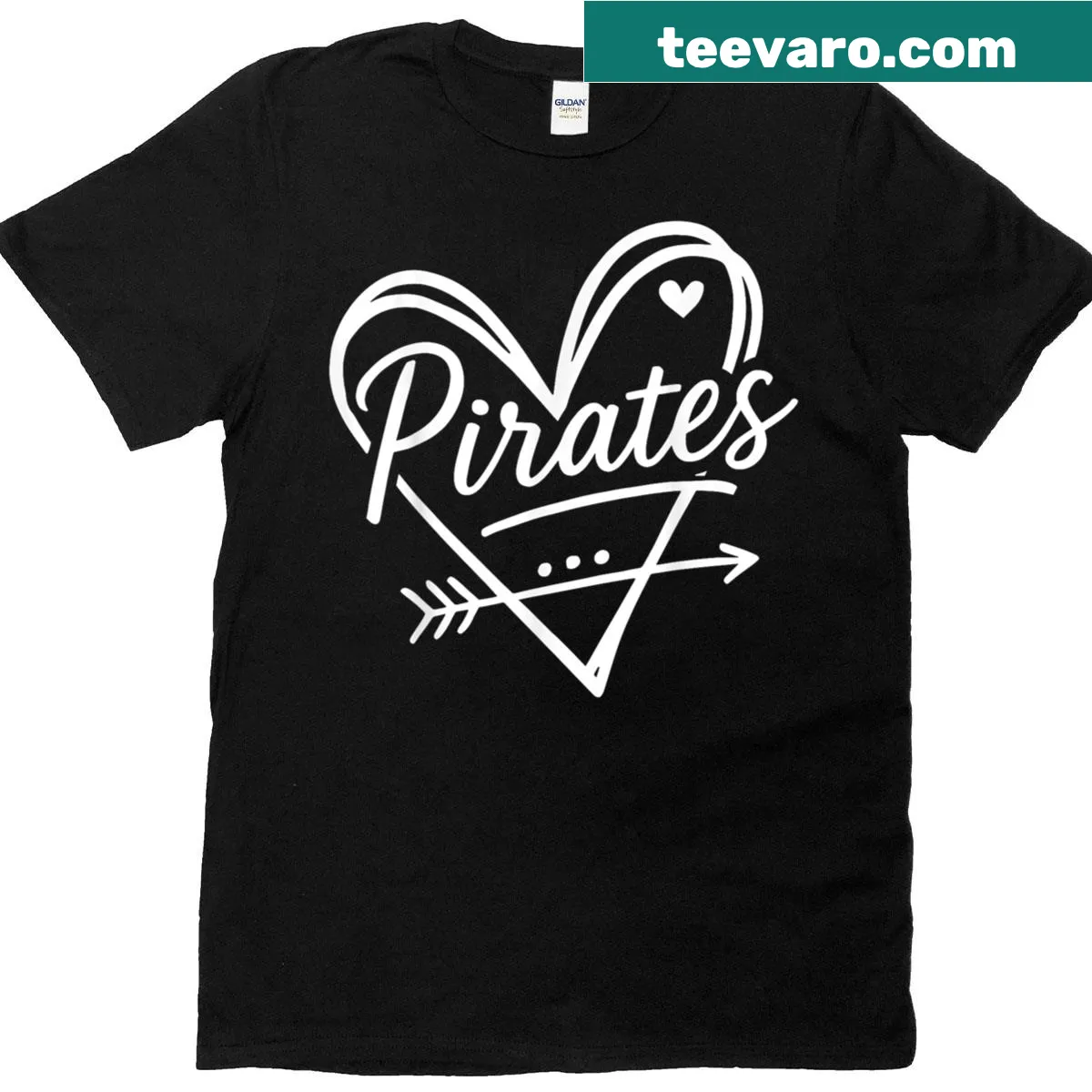 Pirate-themed typography t-shirt with heart and arrow design — on a men's t-shirt