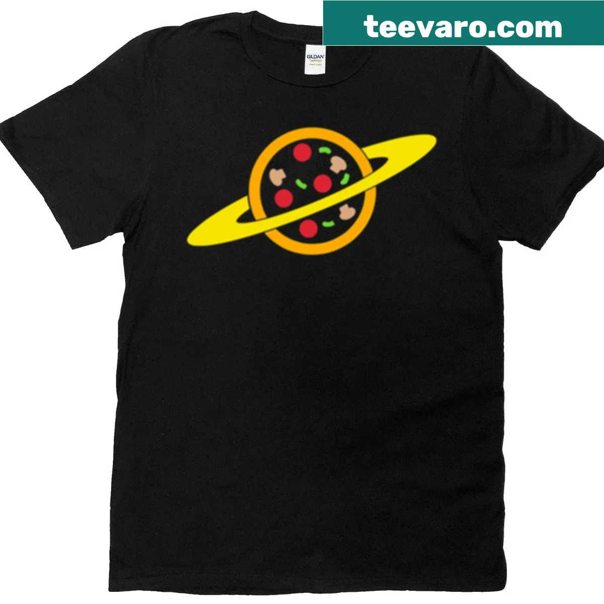 Playful Pizza Planet uniform design T-shirt — on a men's t-shirt