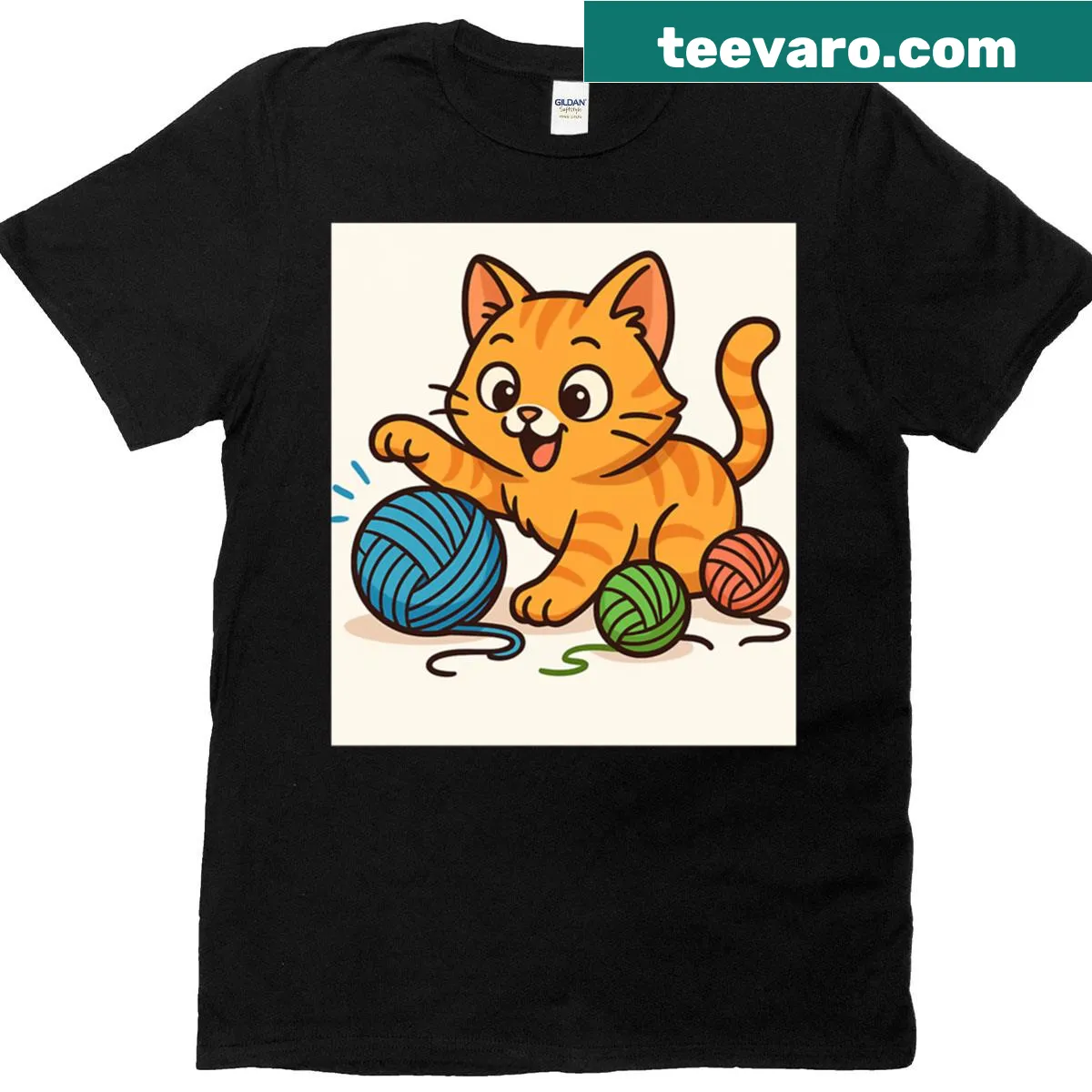 Oversized t-shirt featuring a cute orange cat with yarn balls. — on a men's t-shirt