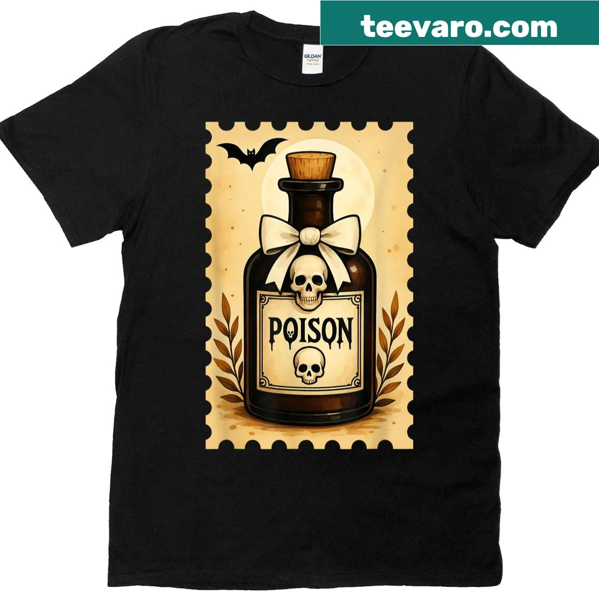 Vintage Halloween shirt featuring a poison skull and bottle design — on a men's t-shirt