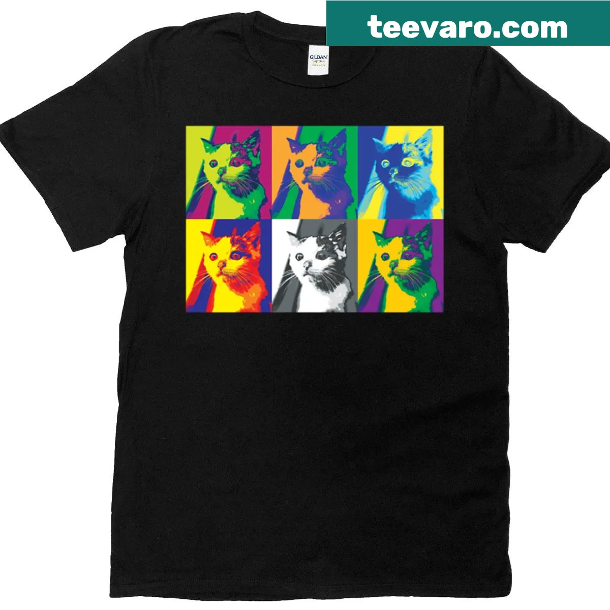 Pop art t-shirt featuring a grid of expressive cat faces — on a men's t-shirt