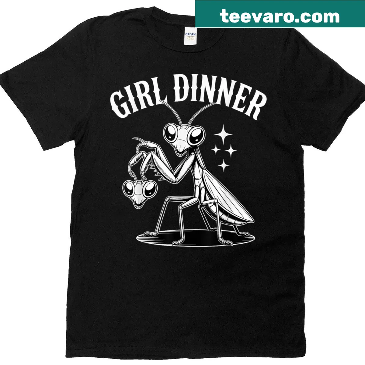 Imaginative vintage-style t-shirt with a praying mantis girl cooking — on a men's t-shirt