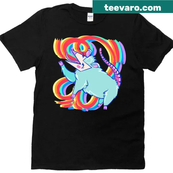Illustrated T-shirt featuring a cute rainbow kitty and possum