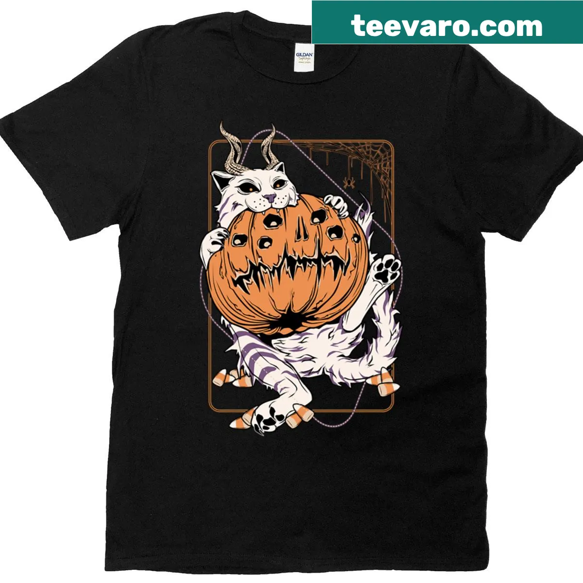 Cute t-shirt with a cat sitting on a pumpkin graphic — on a men's t-shirt