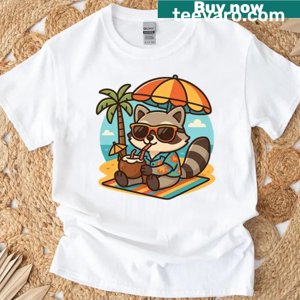 Cartoon T-shirt featuring a cute raccoon relaxing at the beach