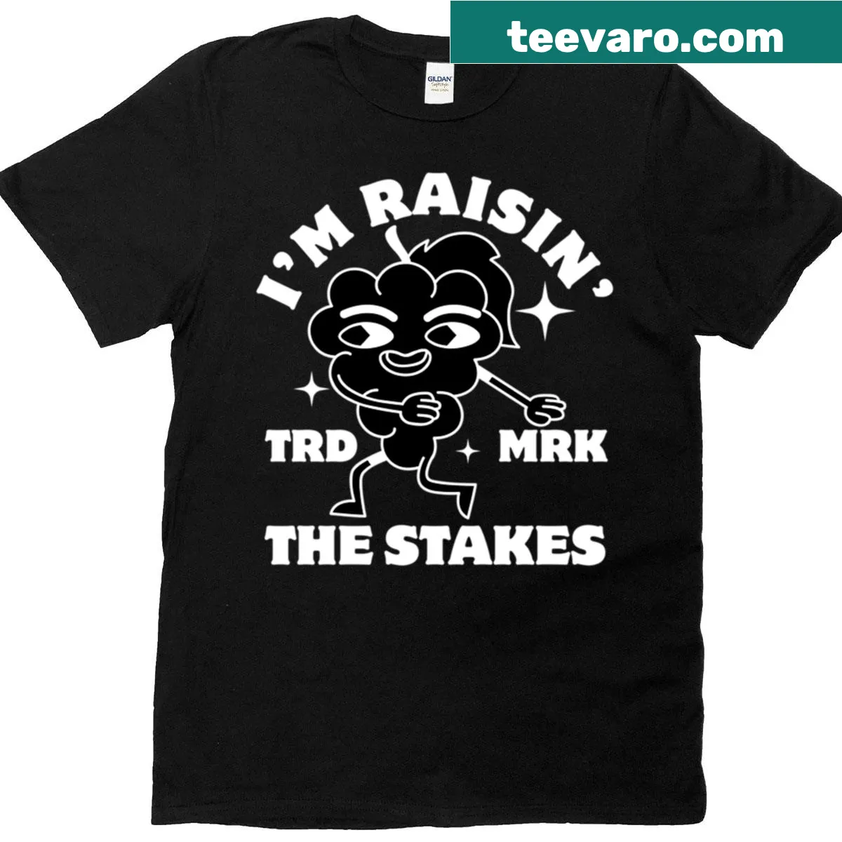Funny t-shirt featuring the pun 'Raisin The Steakes' — on a men's t-shirt