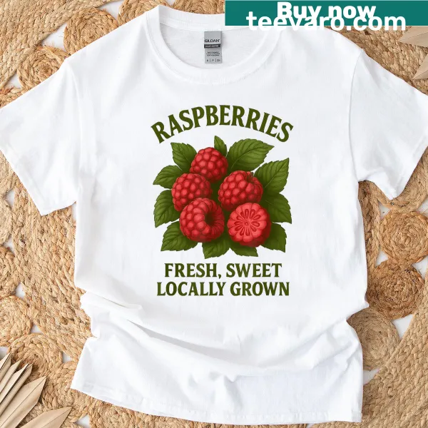 Vintage fruit-themed t-shirt featuring a graphic of fresh raspberries