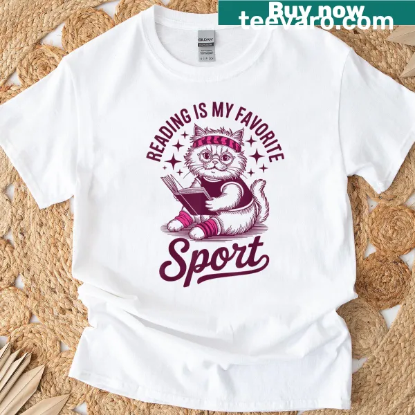 Humorous T-shirt for cat and book lovers featuring a reading theme