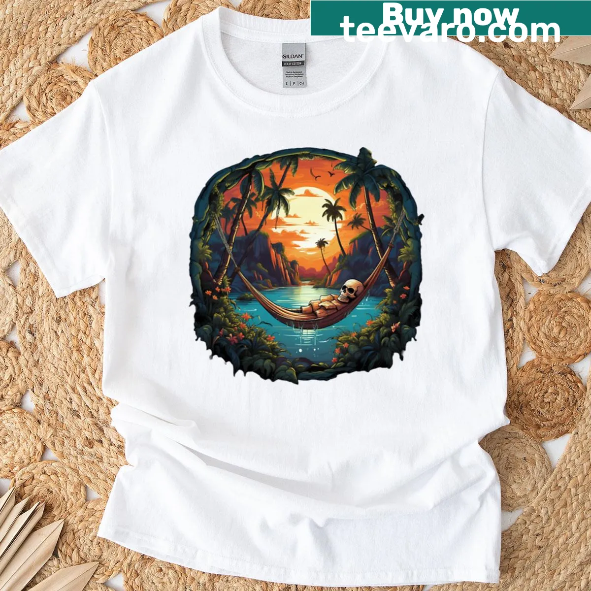 Relaxed skeleton graphic t-shirt with a tropical vibe — on a men's t-shirt