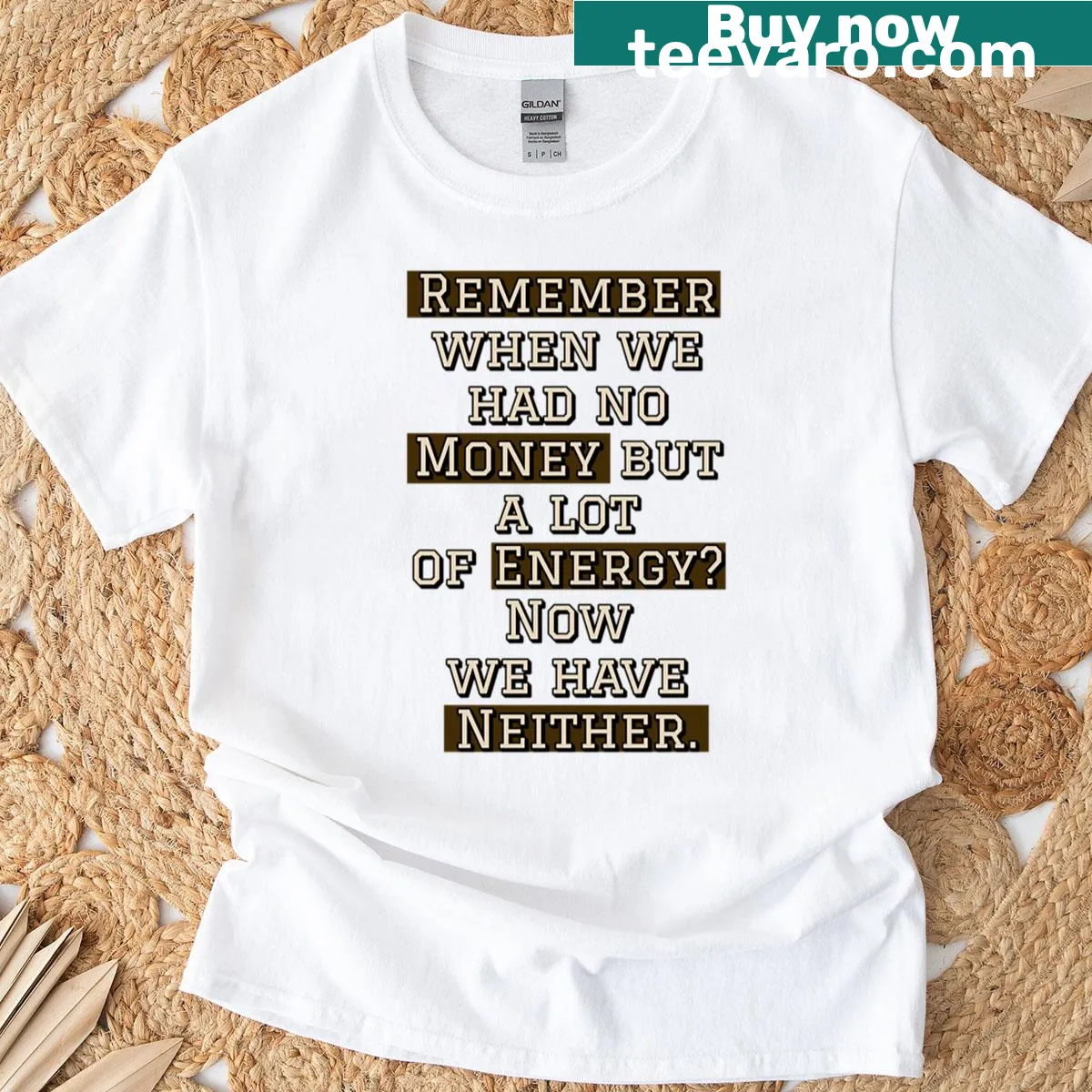 Nostalgic oversized t-shirt with a humorous saying about energy and money — on a men's t-shirt