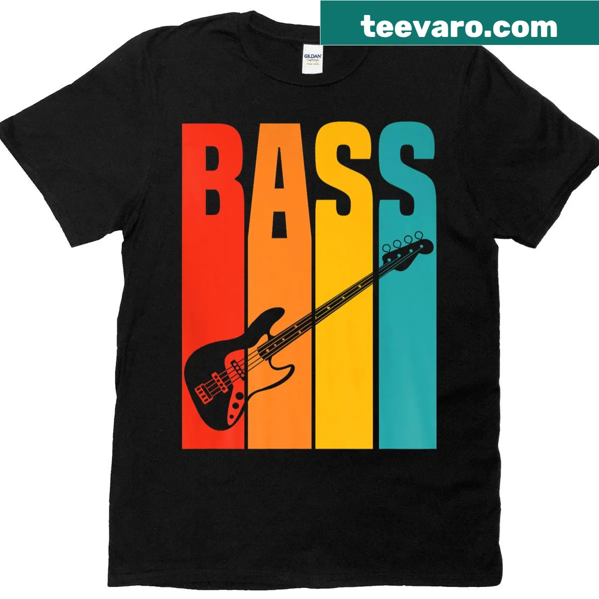 Vintage-style t-shirt featuring a bass guitar strap graphic — on a men's t-shirt