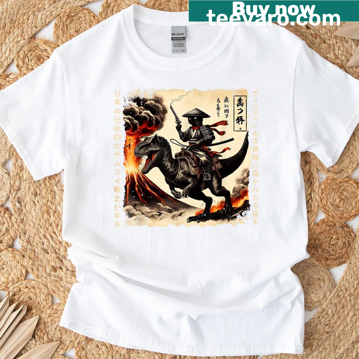 Artistic T-shirt featuring a cat dinosaur and volcanic eruption in calligraphy style — on a men's t-shirt