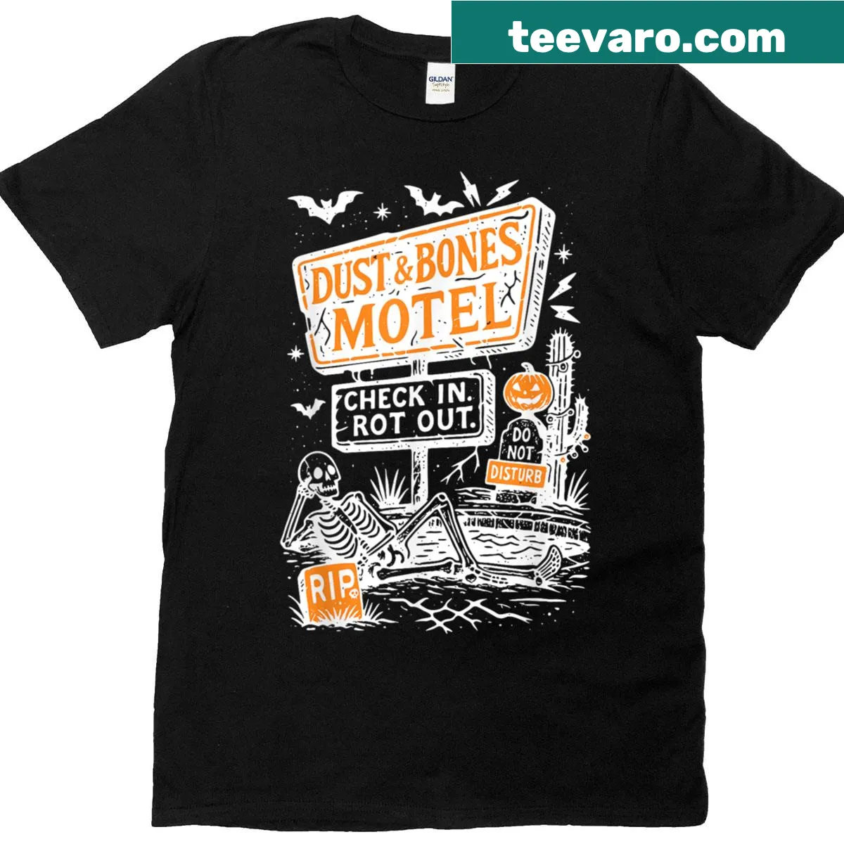 Vintage distressed Halloween tee featuring a funny skeleton at a motel. — on a men's t-shirt