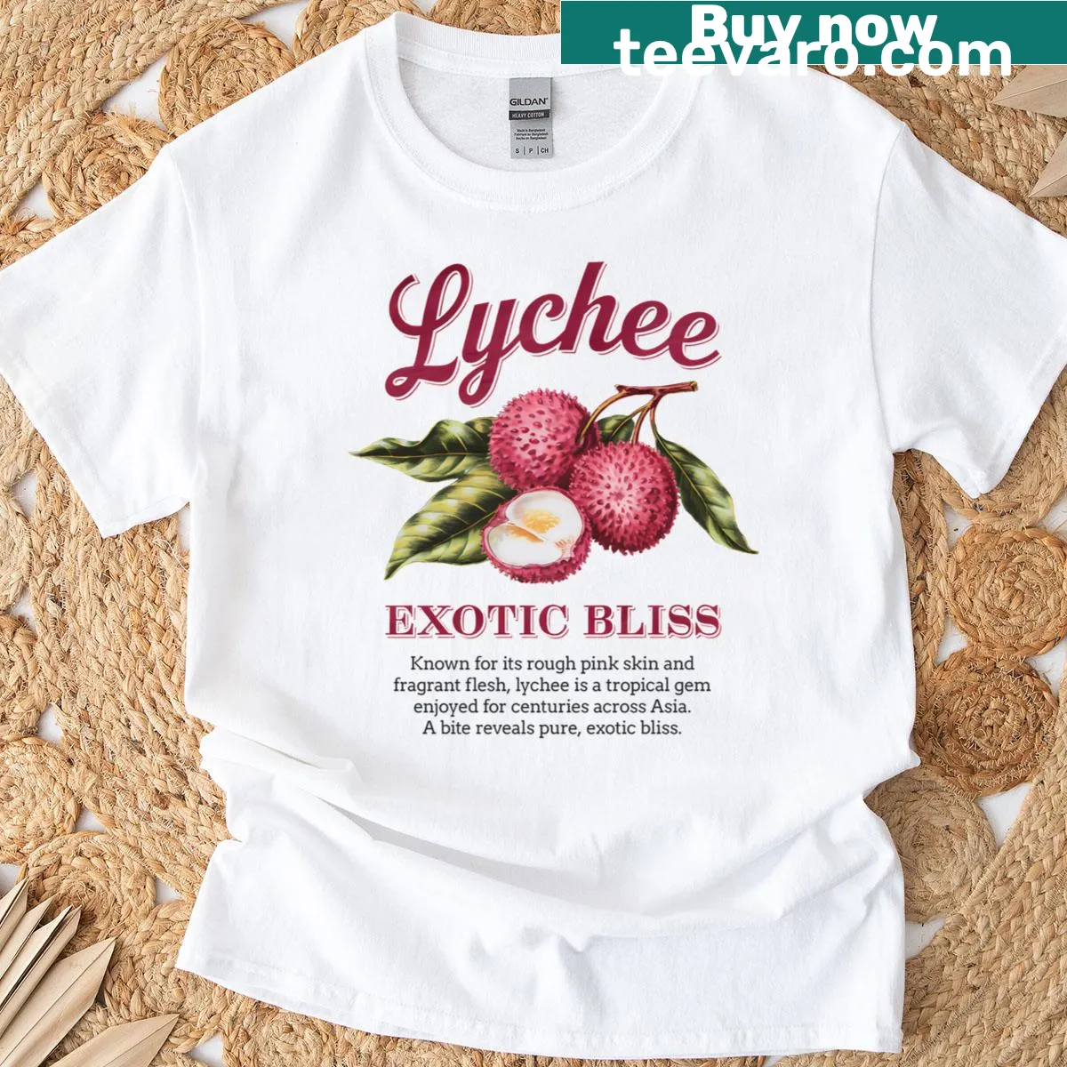 Vintage botanical illustration of lychee fruit on a t-shirt — on a men's t-shirt