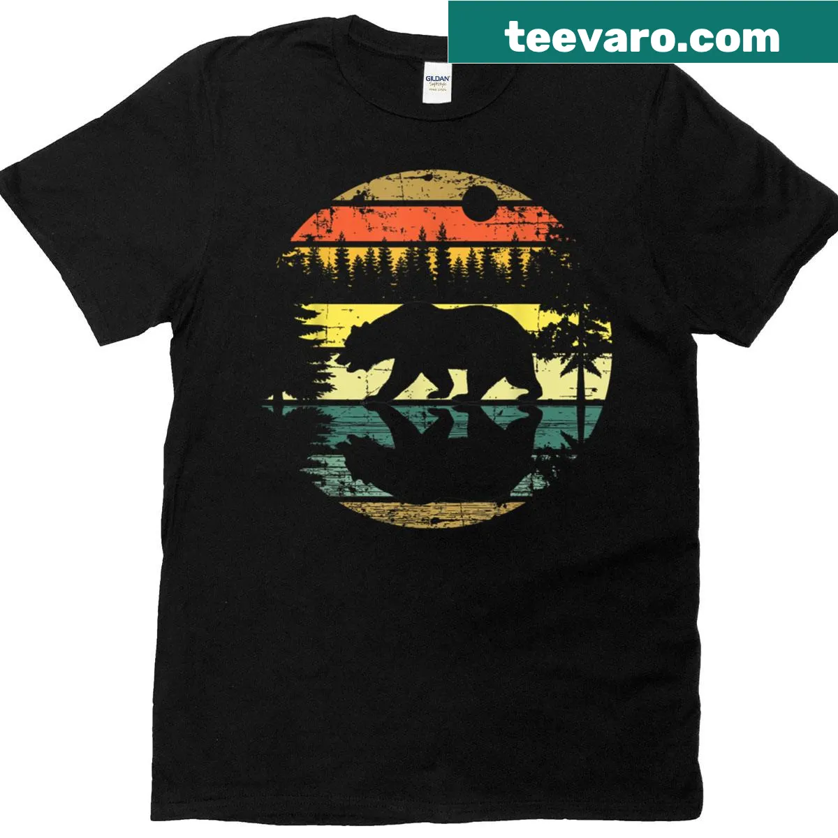 Vintage graphic t-shirt featuring a bear and forest trees — on a men's t-shirt