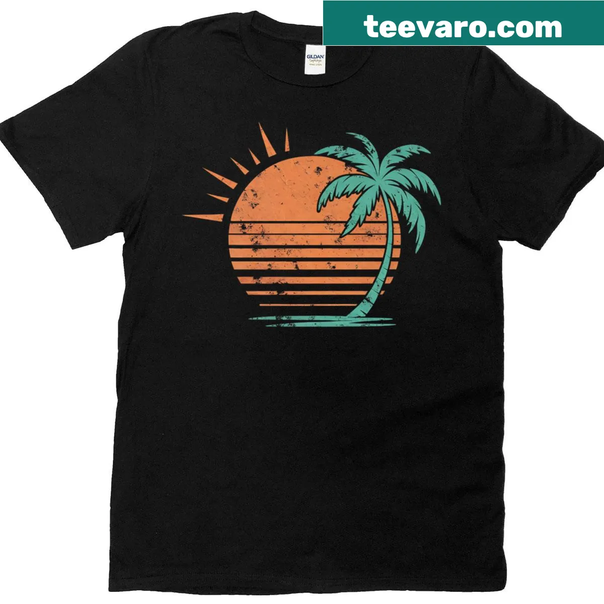Retro t-shirt with palm trees and a vintage sunset design — on a men's t-shirt