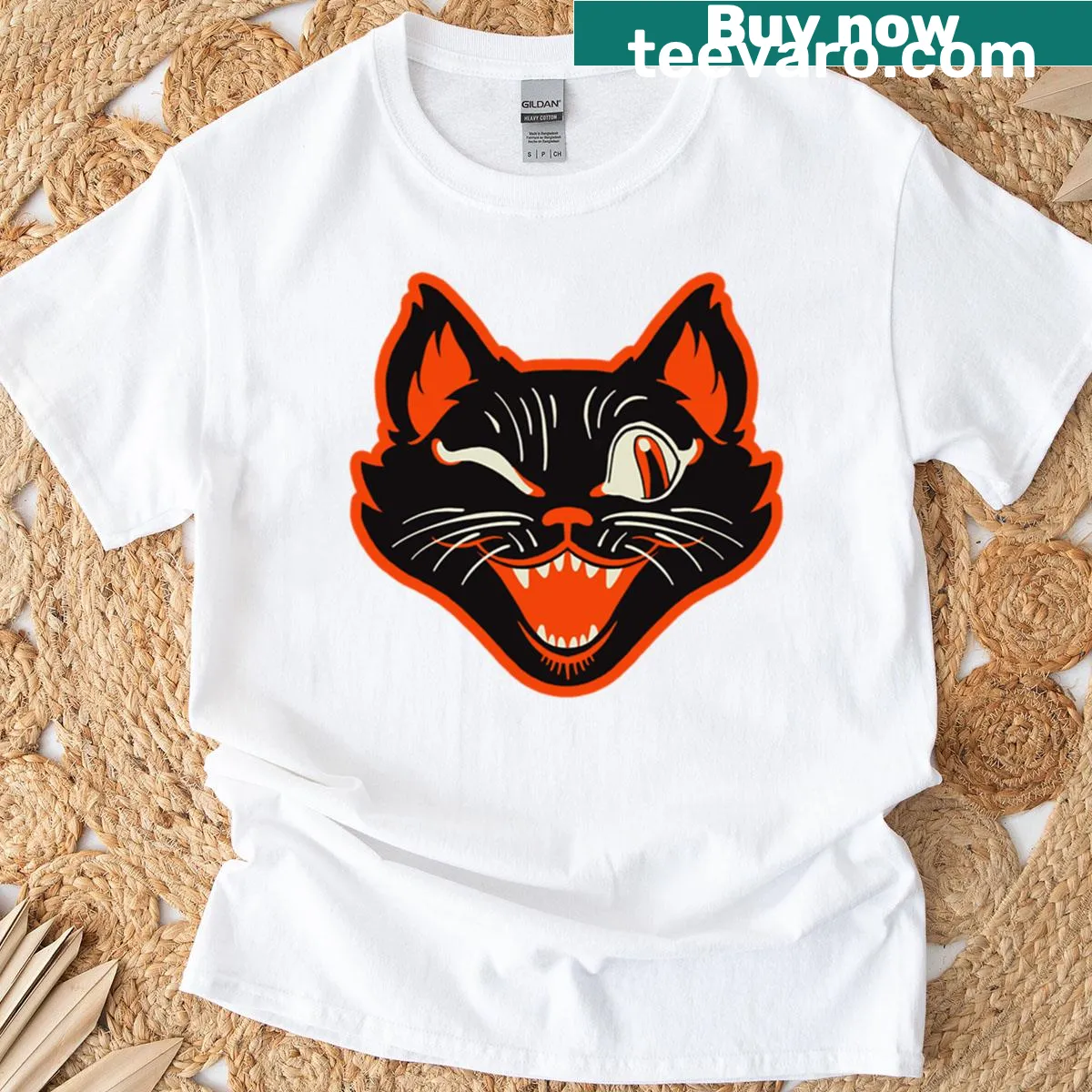 Retro Halloween T-shirt featuring a winking black cat face — on a men's t-shirt