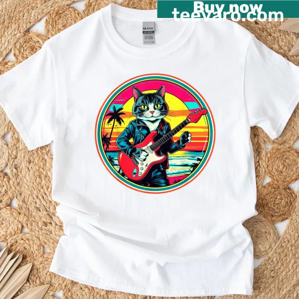 Pop art cat playing electric guitar t-shirt with vintage design