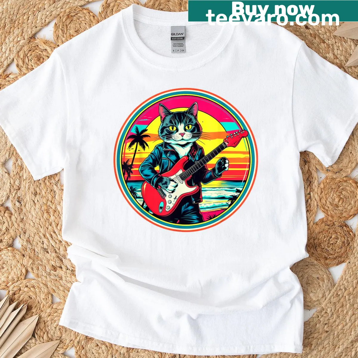 Pop art cat playing electric guitar t-shirt with vintage design — on a men's t-shirt