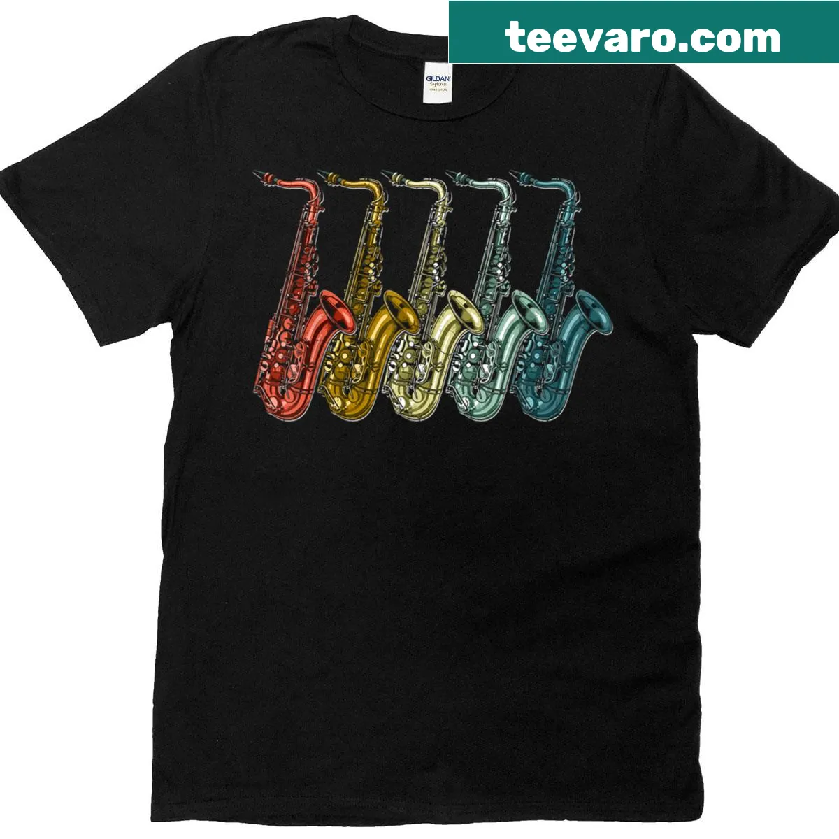 Vintage saxophonist graphic T-shirt with distressed detailing — on a men's t-shirt