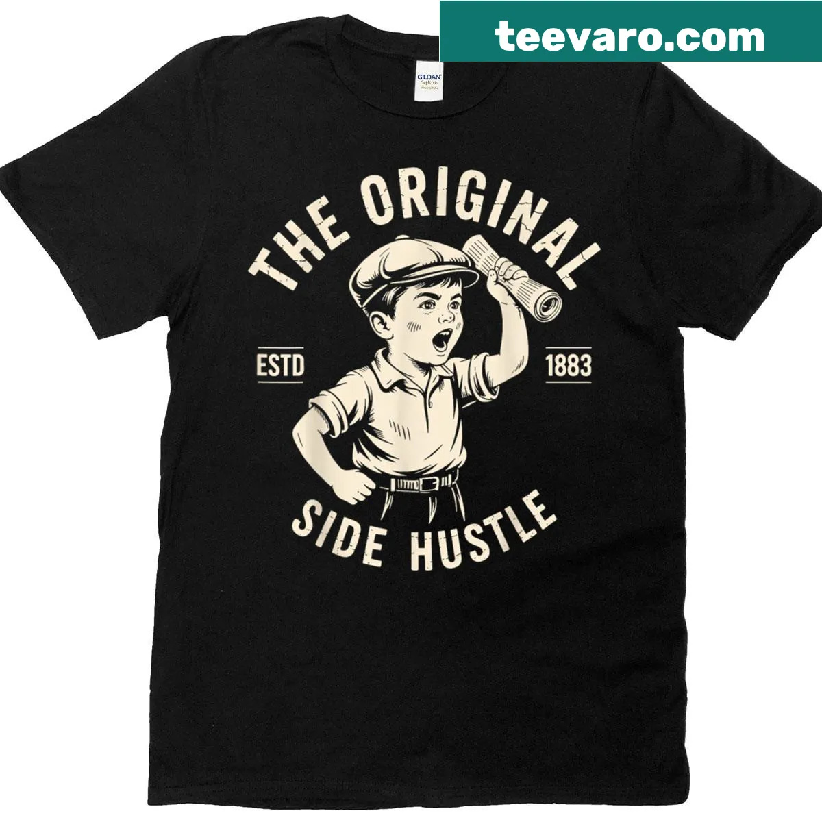 Retro graphic t-shirt featuring a newspaper boy design — on a men's t-shirt